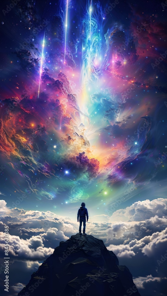 Fototapeta premium Silhouette of person standing on mountain peak gazing at a vibrant, colorful galaxy-filled sky, representing exploration and wonder.