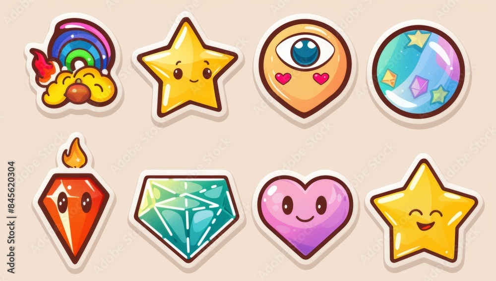 Colorful cute cartoon crystal, heart star and rainbow tattoo flash sheet Colorful cute cartoon crystal, heart star and rainbow tattoo flash sheet