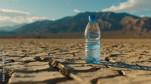 A plastic water bottle stands on cracked, dry earth in a desert landscape with mountains in the background. The image highlights themes of water scarcity, survival, and environmental challenges