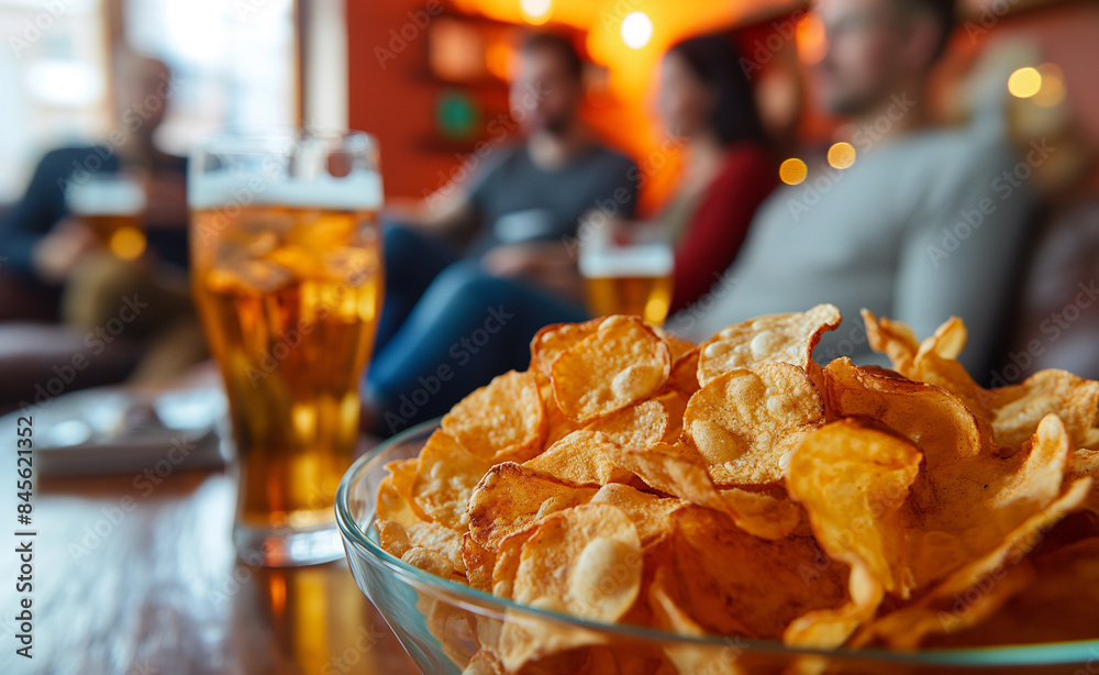 Fototapeta premium A bowl of potato chips with friends drinking beer in the background, highlighting a casual social gathering.