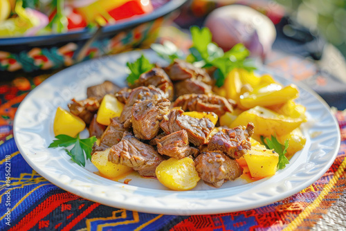 Kyrgyz Kuurdak Fried Meat and Potatoes with Fresh Salad in Traditional Kitchen Setting photo