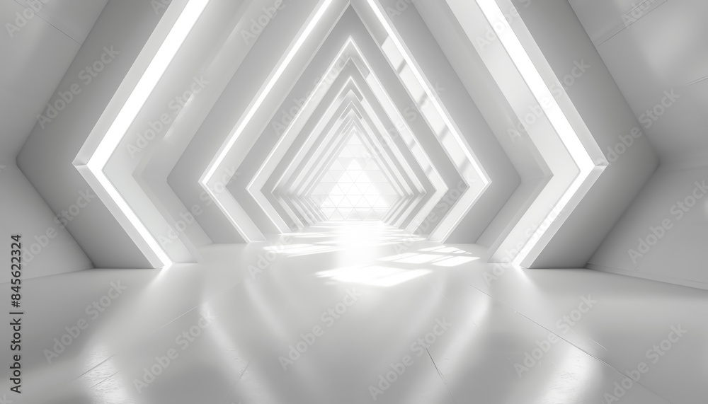 Bright white corridor with repetitive geometric patterns, leading to a triangular light-filled end, creating a futuristic feel Bright white corridor with repetitive geometric patterns, leading to a triangular light-filled end, creating a futuristic feel