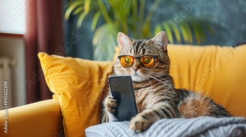 trendy cat holding smartphone on sofa funny animal antics at home humorous digital art