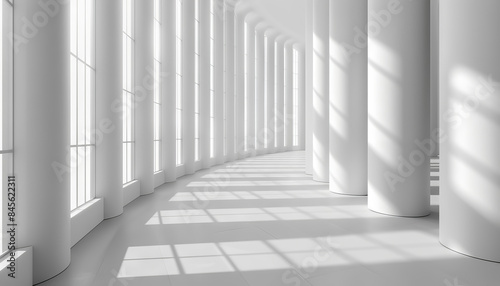 Bright white hallway with tall windows and cylindrical columns, casting long shadows on the floor