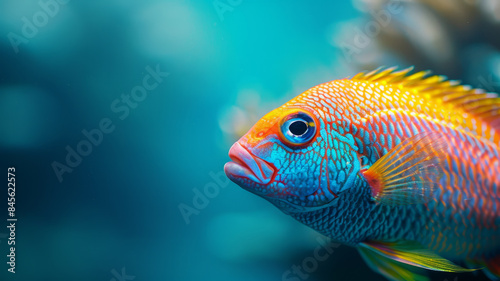 Close-up of a vibrant tropical fish in an aquarium.