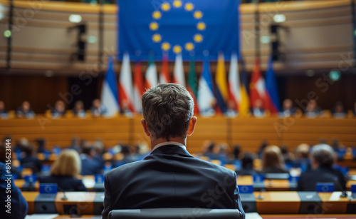 A man in a formal suit sits in a European parliamentary assembly, observing the proceedings.