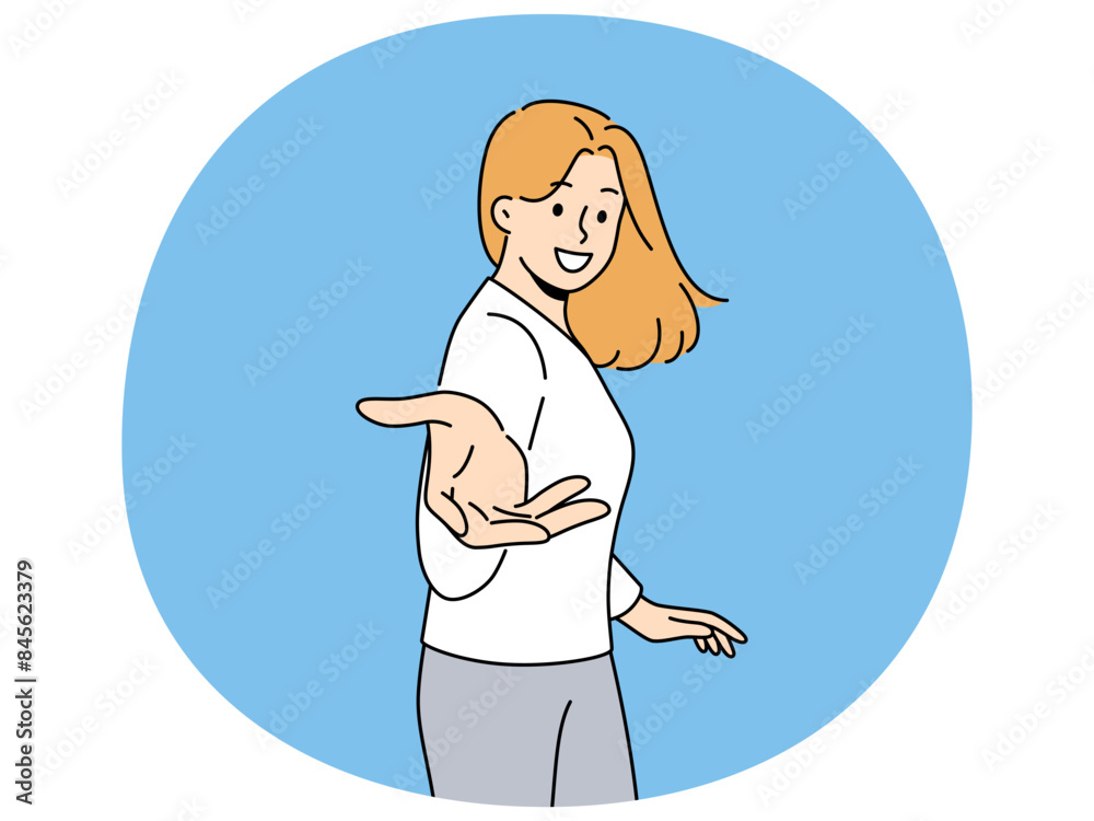 Smiling woman stretch hand to camera invite someone going together. Happy female outstretch arm to screen. Invitation and request. Vector illustration. Smiling woman stretch hand to camera invite someone going together. Happy female outstretch arm to screen. Invitation and request. Vector illustration.