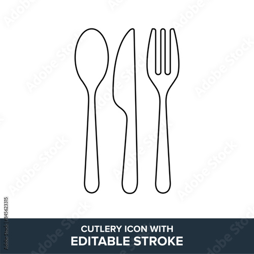 Cutlery flat vector icon with editable stroke. Spoon, fork and knife icon
