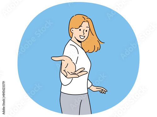 Smiling woman stretch hand to camera invite someone going together. Happy female outstretch arm to screen. Invitation and request. Vector illustration.