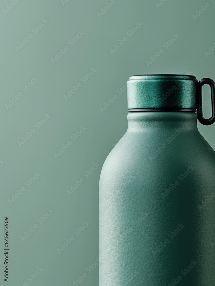 Green metallic water bottle with lid on a soft green background. Green metallic water bottle with lid on a soft green background.