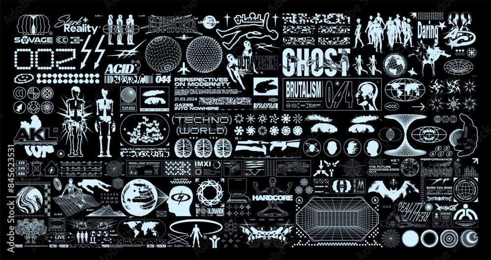 Brutalism graphic shapes. Retrofuturistic grunge elements for design