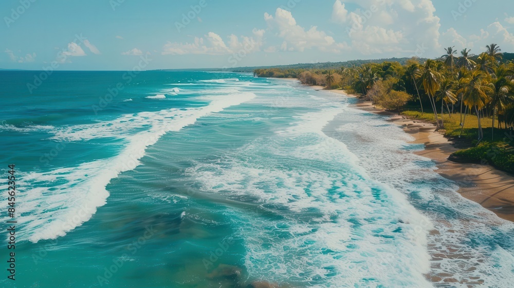 Fototapeta premium turquoise ocean waves crashing on shore aerial view of tropical paradise