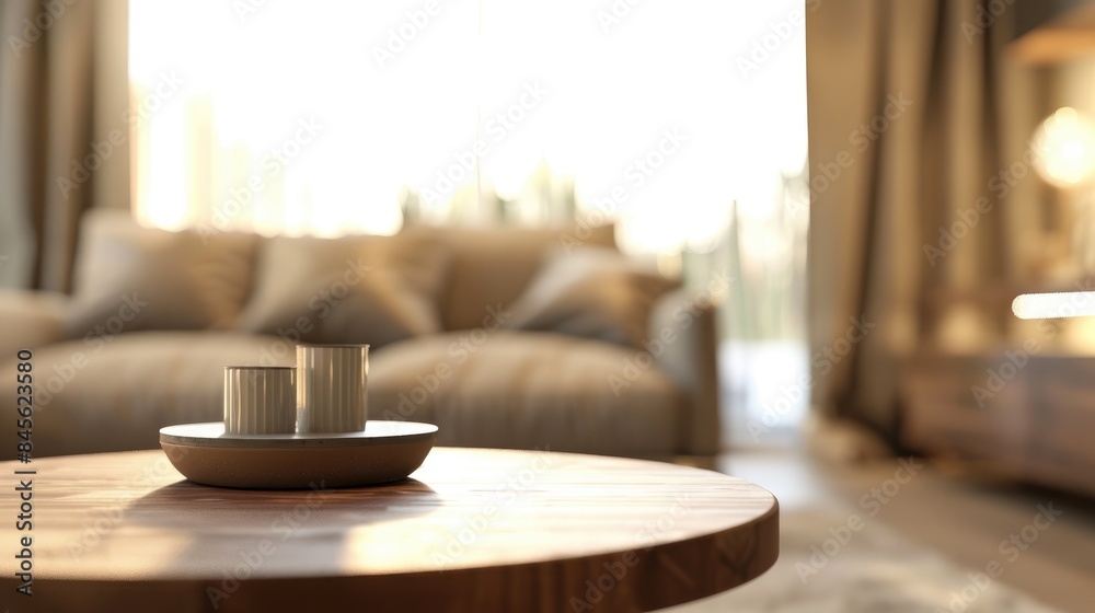 Blurred living room background with a table on top