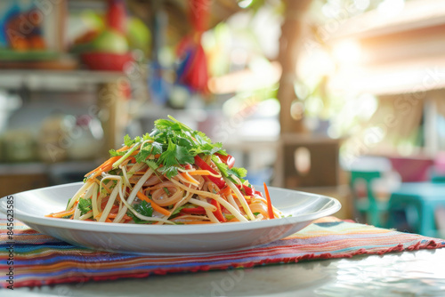 Laotian Tam Mak Hoong Papaya Salad on White Plate with Fresh Herbs in Traditional Laotian Kitchen photo