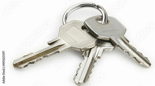 two silver house keys isolated on white cut out photograph