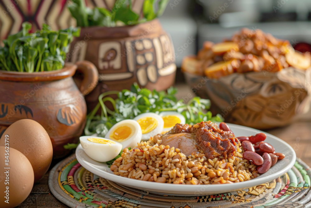 Traditional Ghanaian Waakye Dish with Fried Plantains and Boiled Eggs on White Plate Traditional Ghanaian Waakye Dish with Fried Plantains and Boiled Eggs on White Plate
