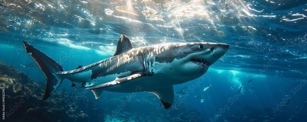 Fototapeta premium Shark Cage Diving in South Africa Diving into the ocean in a protected cage to view great white sharks up close