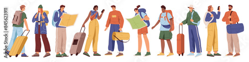 Traveling people, isolated set of passengers or travelers with maps, baggage and smartphones. Vector group of people lost in town, student with backpack, hiking and taking trip to mountains
