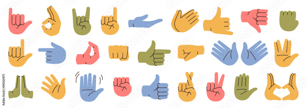 Gestures and hands showing non verbal elements of communication. Vector isolated prey symbol, thumb up and rock and roll, okay and peace, heart and first up. Waving and stop, pointing finger Gestures and hands showing non verbal elements of communication. Vector isolated prey symbol, thumb up and rock and roll, okay and peace, heart and first up. Waving and stop, pointing finger