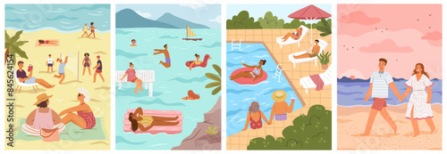 Summertime relaxation and vacation relax by seaside, pool or beach. Vector people reading books and playing volleyball on beach. Rest and leisure in summer, active recreation near water