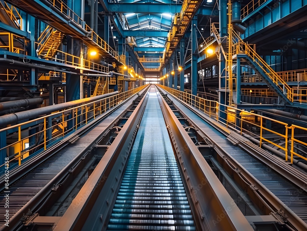 Fototapeta premium Bustling Industrial Facility With Conveyor Belts and Machinery Symbolizing Production and Manufacturing