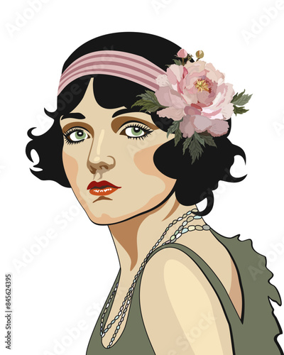 Flapper girl. Art deco vintage portrait. Vector isolated on white background