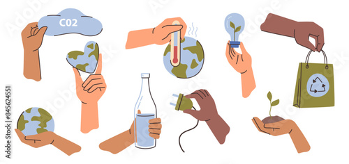 Nature preservation and climate change problems. Vector isolated set of hands holding globes, recycling bag, glass bottle for second reusing, power socket and soil with growing green plant