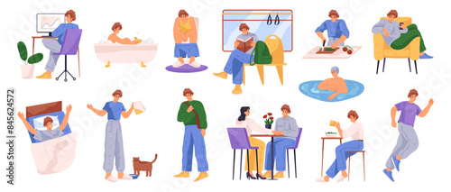 Morning and evening daily routine of man. Vector isolated set of guy doing chores, waking up and eating breakfast. Commuting to work and working, jogging and swimming in pool for relaxation