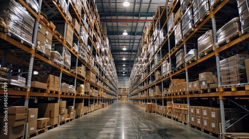 vast warehouse interior with rows of shelves storing boxes and parcels logistics concept © Jelena