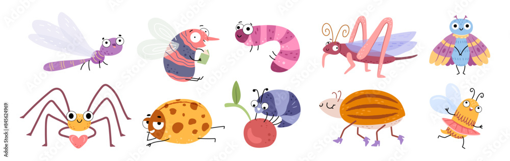 Bugs, isolated funny insects mascots. Vector smiling worm, spider and moth. Chilling ladybug, happy potato beetle and field cricket. Exited dragonfly, honey bee and mosquito. Wildlife fauna Bugs, isolated funny insects mascots. Vector smiling worm, spider and moth. Chilling ladybug, happy potato beetle and field cricket. Exited dragonfly, honey bee and mosquito. Wildlife fauna