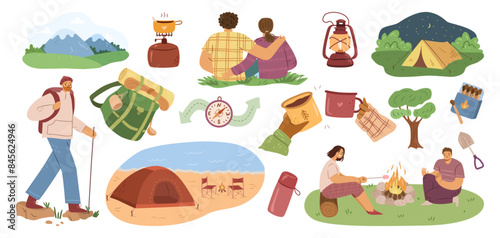 Hiking and trekking activities, fun and leisure. Vector camping in forest and near seaside. Summer travel and picnic stuff. Shovel and thermos, matches in box and gaslamp, stove and compass