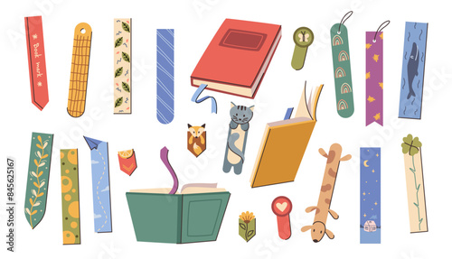 Bookmarks strips of paper or cardboard, leather or textile with colorful childish prints and decoration. Vector isolated set of decor for booklovers and bookworms, floral elements and animals