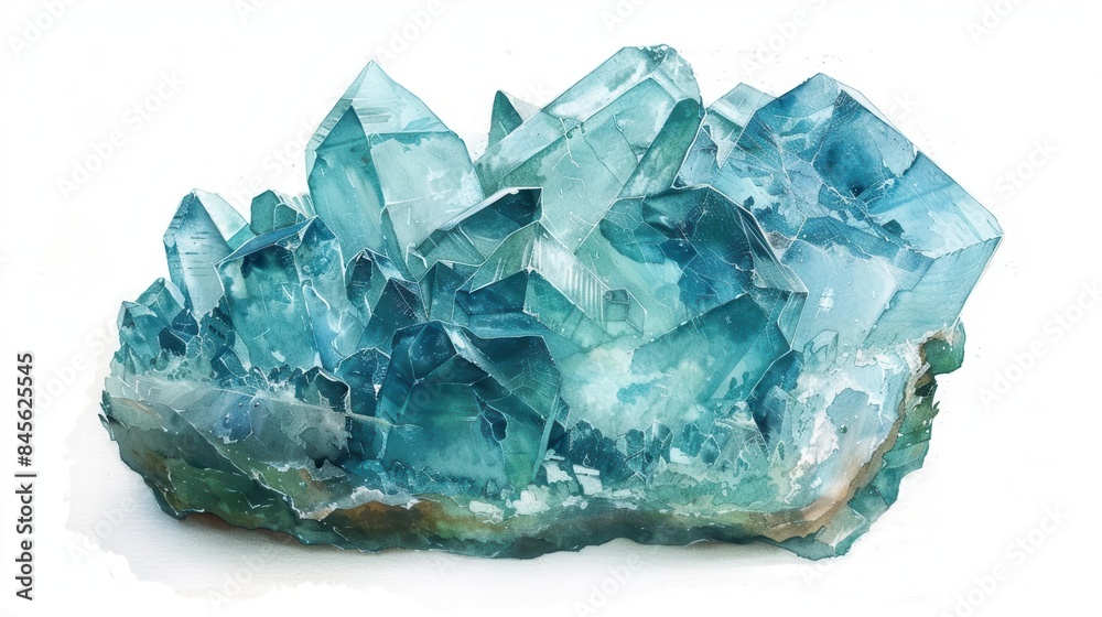 vibrant aquamarine mineral specimen on pristine white backdrop vintage illustration