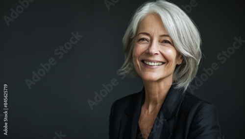 portrait of smiling senior woman in a black blazer, with gray hair in a shoulder length bob cut featuring white highlights, on a dark background, in the style of studio photography