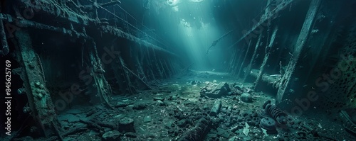 A deep sea shipwreck with sunlight shining through.