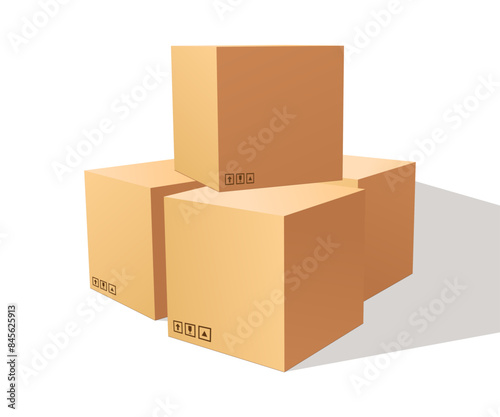 Pile Of Stacked Goods in Cardboard Boxes. Carton Delivery Packaging With Fragile Signs. Moving Boxes 3D Vector Illustration Isolated On White Background.