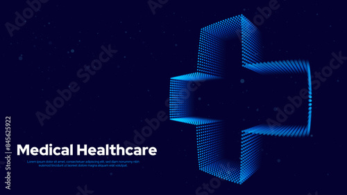 3D Blue Digital Wireframe Grid Plus Sign Background. Lines and Dots Aid and Health Care for Hospital Emergency Banner. Medical Symbol of Emergency Help. 3D Math Plus Vector Illustration.