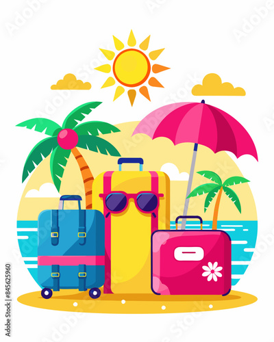 Suitcases on the background of an island with palm trees and an umbrella Travel