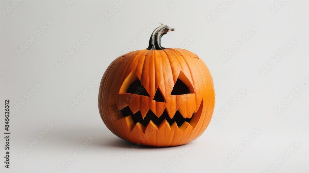 Spooky faced Halloween Jack o Lantern Pumpkin against white backdrop Spooky faced Halloween Jack o Lantern Pumpkin against white backdrop