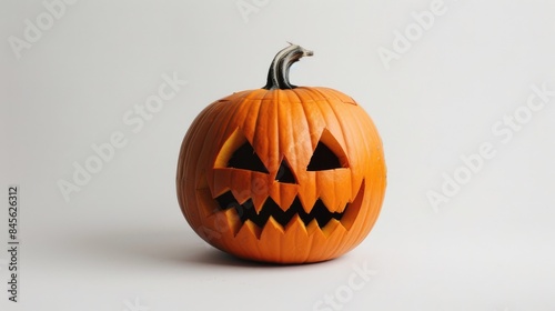 Spooky faced Halloween Jack o Lantern Pumpkin against white backdrop
