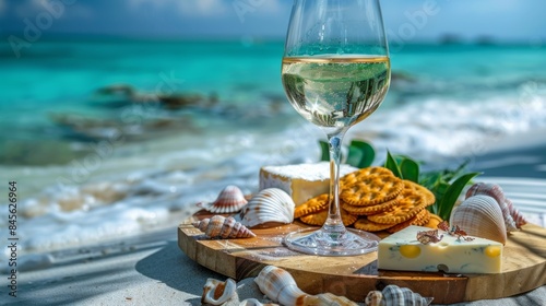 A glass of wine and cheese on a tray with shells  AI