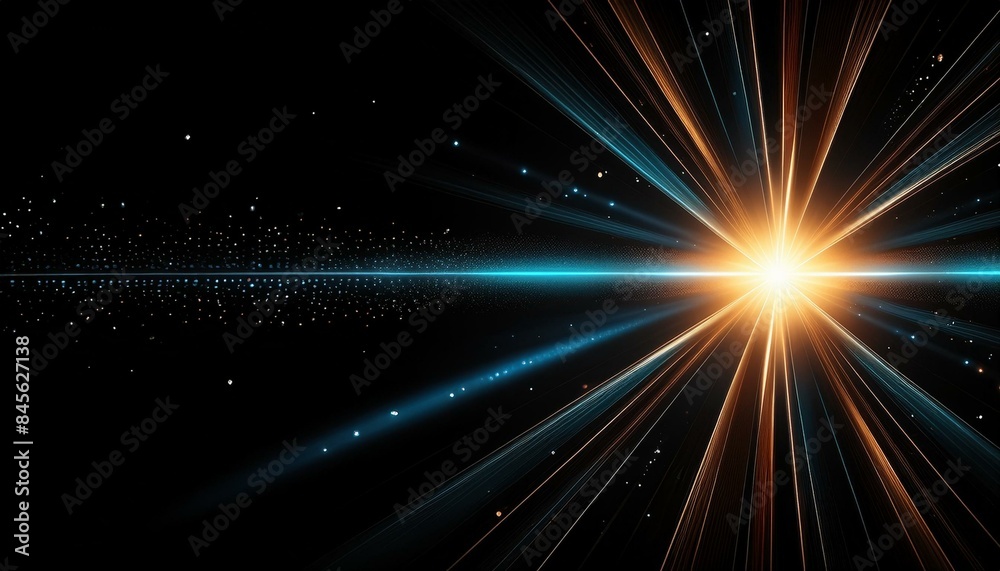 Naklejka premium Modern abstract sun burst, digital flare, iridescent glare, lens flare effects over black background for overlay designs