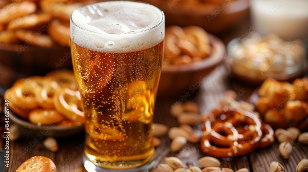 A glass of beer and pretzels on a table with other food, AI A glass of beer and pretzels on a table with other food, AI