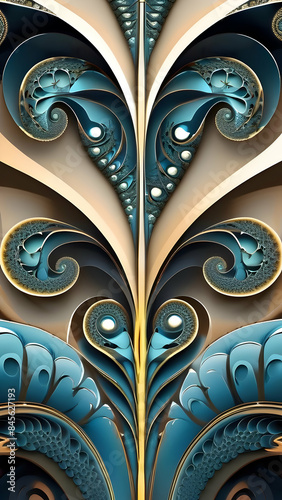 Abstract Blue White and Gold Geometric Pattern With Detailed Spirals