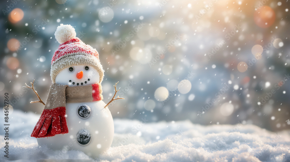 A cheerful snowman with a knit hat and scarf poses in a snowy landscape amid falling snowflakes A cheerful snowman with a knit hat and scarf poses in a snowy landscape amid falling snowflakes
