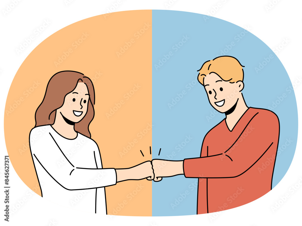 Obraz premium Smiling man and woman give fists bump engaged in teamwork. Happy couple male gesture greeting or making deal. Cooperation. Vector illustration.