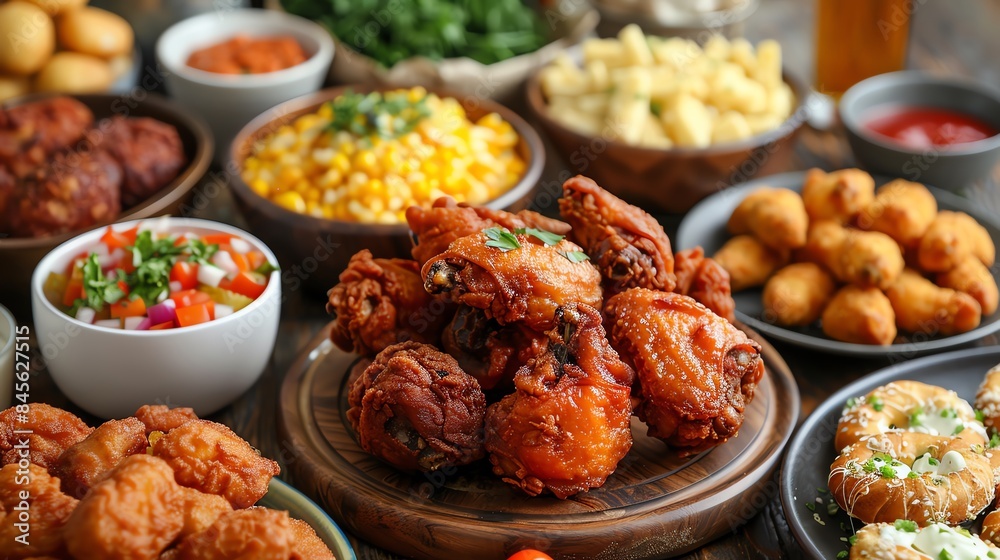 Assorted snacks and fried chicken on a wooden table, party setting Assorted snacks and fried chicken on a wooden table, party setting