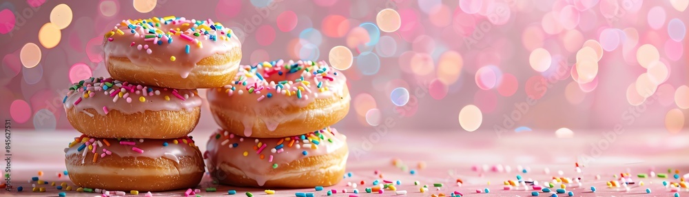 Assorted donuts with colorful sprinkles stacked against a bokeh background