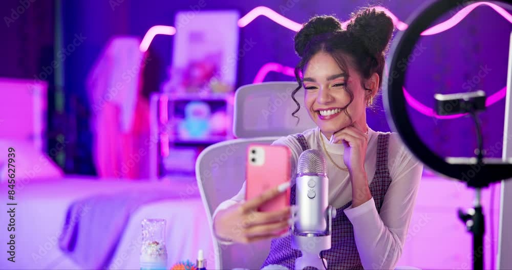Woman, selfie or influencer in home with microphone, smile or pleasure for social media post online. Streamer, girl or content creator live streaming for picture or soft sound effects of nail tapping