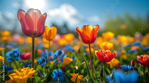   Spring flowers under sunny skies on a solid background